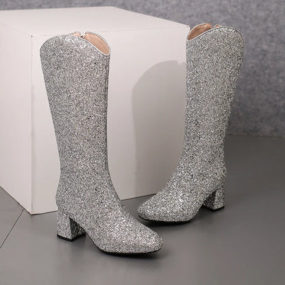 Grainy Sequin Women's Tall Boots Bling Sung Fit Knee High Boots 6.5cm Heels Comfy 2024 Winter Shoes