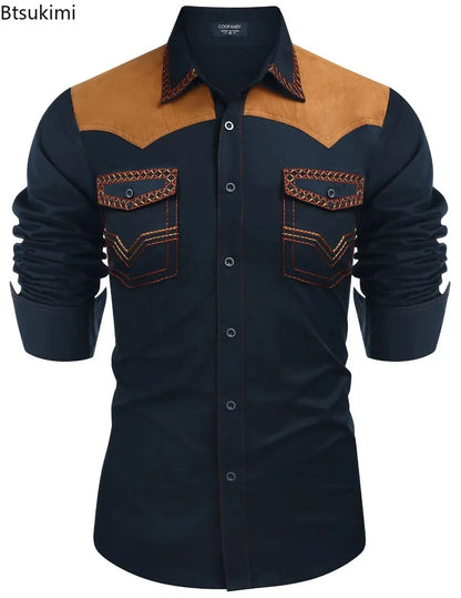 Chemise style cowboy western pour homme, printemps-automne 2025, manches longues, revers, vêtements décontractés et tendance