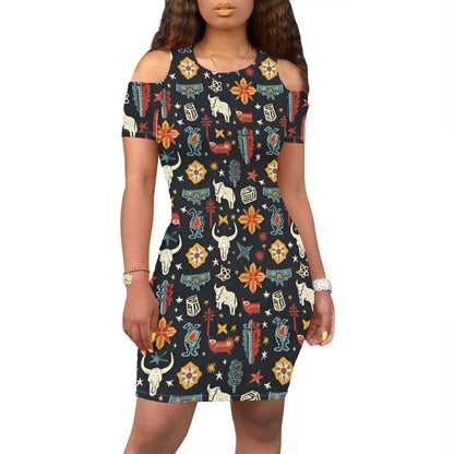 Western Cowgirl Cold Shoulder Dress S-3XL Retro Rodeo Print for Country Festival, July 4th Party or Southwestern Theme Look