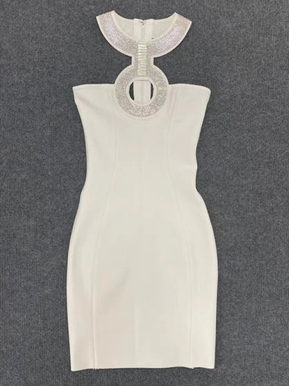 2022 New Bandage Dress Fashion Sexy Halter Neck Diamond Collar Short Skirt Banquet Party Little Black Dress-A1252