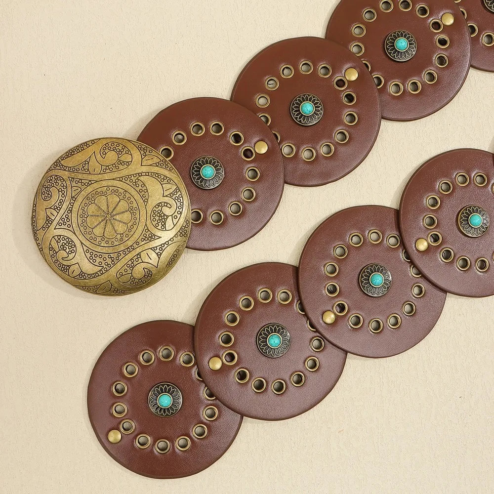Exaggerated Wide Boho Disc Belt Rivet Turquoise Carved Buckle Waist Belt Adjustable Alloy Western Leather Waistband Cowgirl