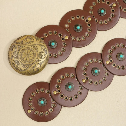 Exaggerated Wide Boho Disc Belt Rivet Turquoise Carved Buckle Waist Belt Adjustable Alloy Western Leather Waistband Cowgirl