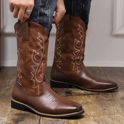 Men Boot 2024 Mid Calf Western Cowboy Motorcycle Boots Male Autumn Outdoor PU Leather Totem Med Heel Fashion Designed Men Boots
