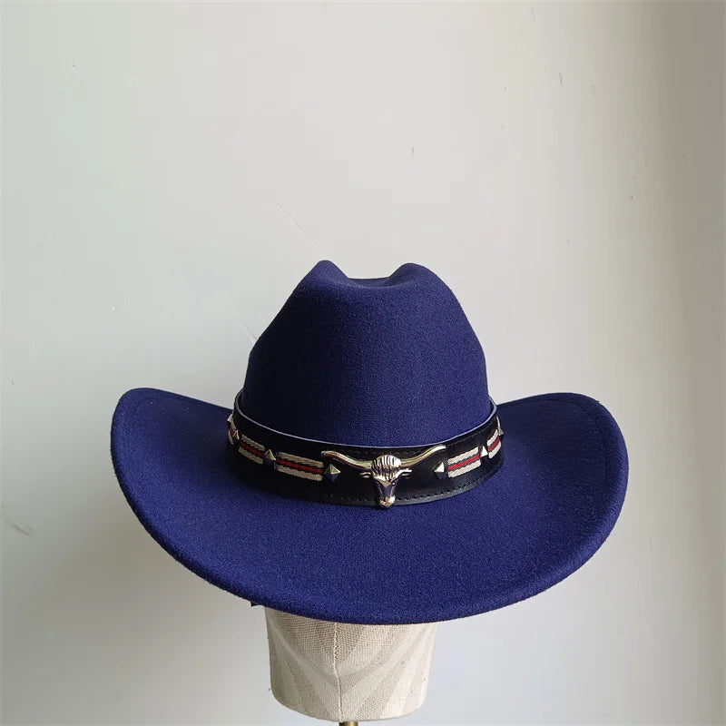 Chapeau de cowboy de style ethnique, tendance, chic, unisexe, couleur unie, avec décoration en forme de taureau, style western