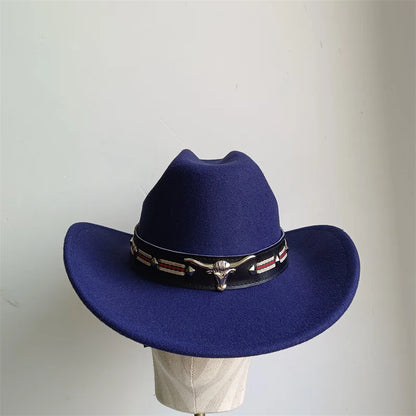 Chapeau de cowboy de style ethnique, tendance, chic, unisexe, couleur unie, avec décoration en forme de taureau, style western
