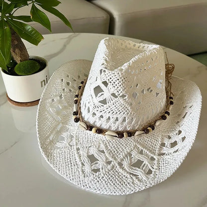 Chapeau de paille bohème d'été pour femmes et hommes, chapeaux de Cowboy de plage, perles en bois ajourées, chapeau de soleil oc