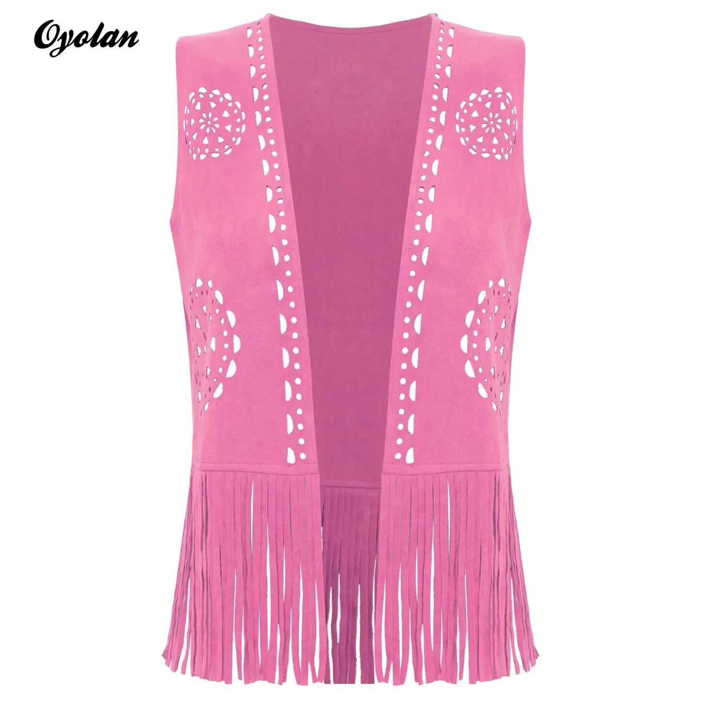 Womens Western Cowgirl Fringe Hippy Cosplay Costume 70s Disco Vest Vintage Hollow Out Tassel Tank Tops Faux Suede Waistcoat