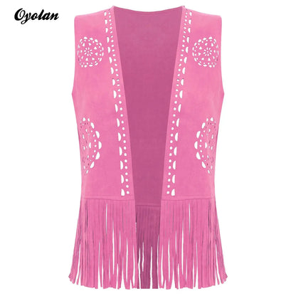 Womens Western Cowgirl Fringe Hippy Cosplay Costume 70s Disco Vest Vintage Hollow Out Tassel Tank Tops Faux Suede Waistcoat
