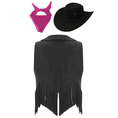 Costume de cosplay Western Cowboy Cowgirl pour enfants, glands en fibre de daim, chapeau glacé, ensemble bandana, habillage de fête à thème Halloween
