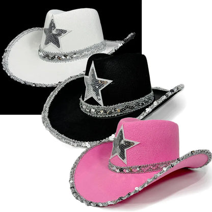 Pink Cowboy Hat For Women Girls Wide Brim Western Hat Glitter Crown Sequin Cap Performance Costume Cowgirl Hat For Wedding Party