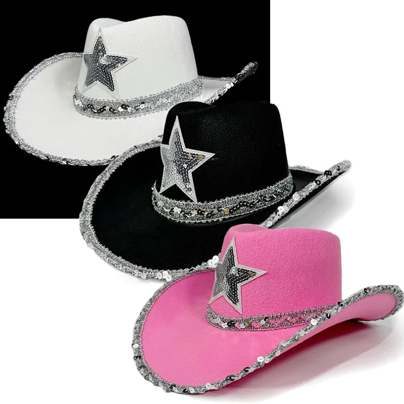 Pink Cowboy Hat For Women Girls Wide Brim Western Hat Glitter Crown Sequin Cap Performance Costume Cowgirl Hat For Wedding Party