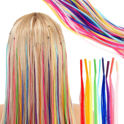 Kit d'extensions de cheveux synthétiques arc-en-ciel de 50 cm, 10 pièces, extensions colorées à pointes en I avec micro-perles et aiguille à crochet pour femmes et enfants, cosplay