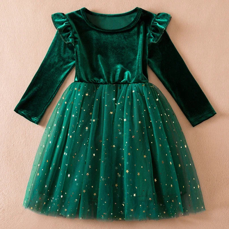 Green Christmas Dress for Kids Girls Autumn Long Sleeves Princess Dresses Children Winter Birthday Party New Year Costume 3-8Yrs