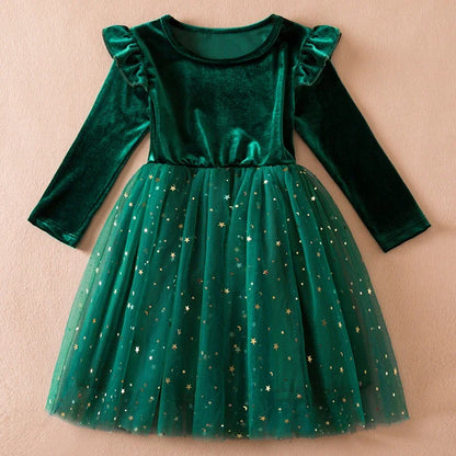 Green Christmas Dress for Kids Girls Autumn Long Sleeves Princess Dresses Children Winter Birthday Party New Year Costume 3-8Yrs