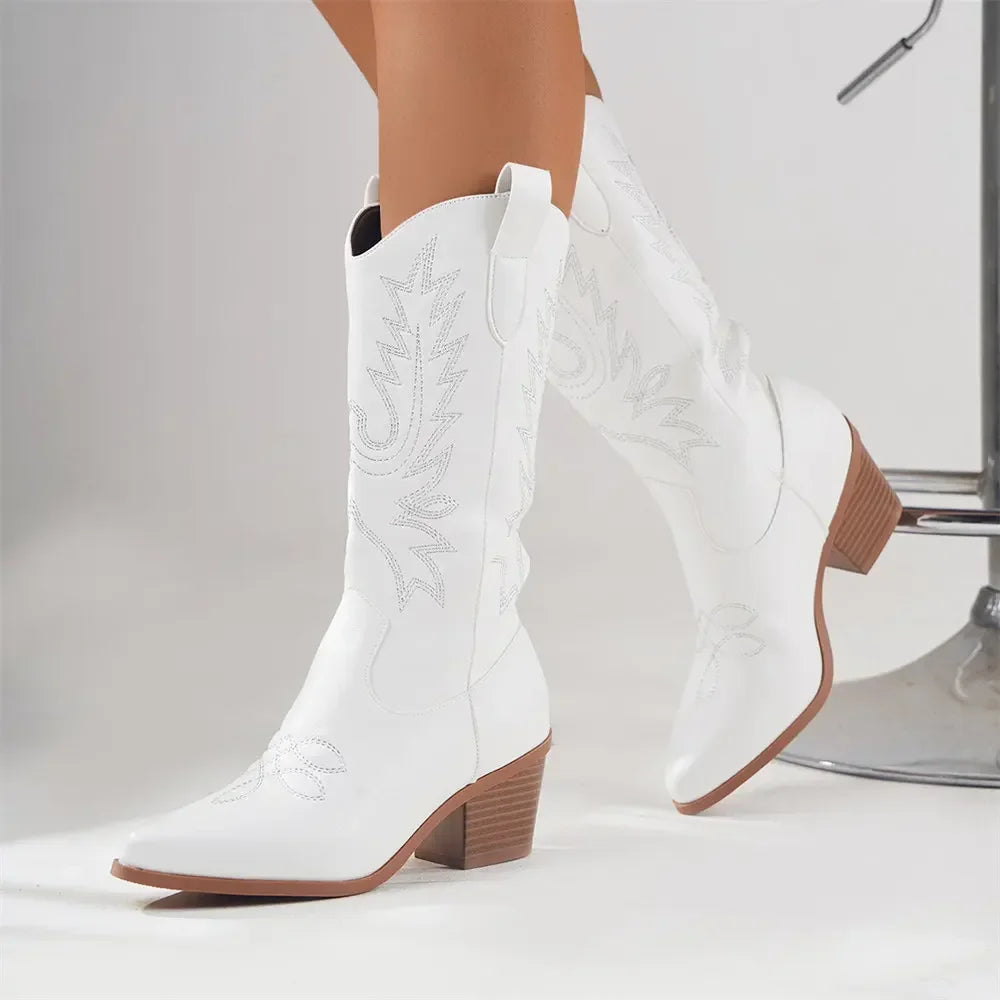 Bottes de cowboy blanches à talons hauts mi-mollet pour femmes, grande taille 43, de haute qualité, style vintage, style country et western