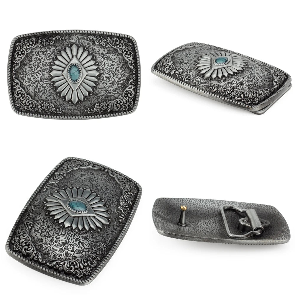 Ceinture classique en cuir véritable avec boucle en émail saphir et motif floral sculpté en argent pour femmes et hommes, cadeau