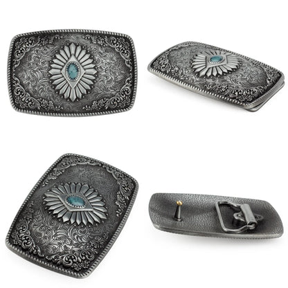 Ceinture classique en cuir véritable avec boucle en émail saphir et motif floral sculpté en argent pour femmes et hommes, cadeau