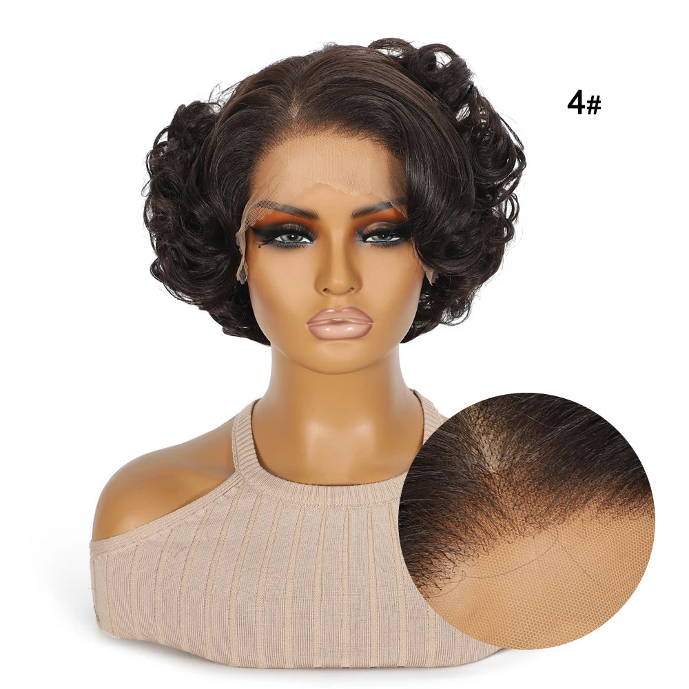 10 Inch Short Curly Wavy Blonde Black Grey Synthetic Wig for Women Natural Look T-Part Lace Front Hair Replacement