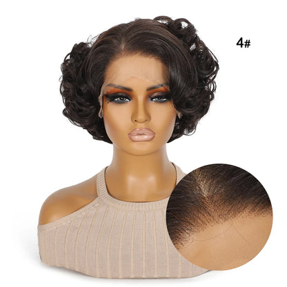 10 Inch Short Curly Wavy Blonde Black Grey Synthetic Wig for Women Natural Look T-Part Lace Front Hair Replacement