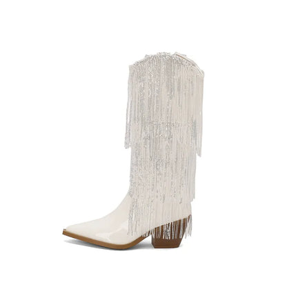 Bottes western à sequins et pompons, noires et argentées, courtes, en peluche, automne/hiver, talon de 6,5 cm, style bohème, hauteur genou, pointures 36 a 46.