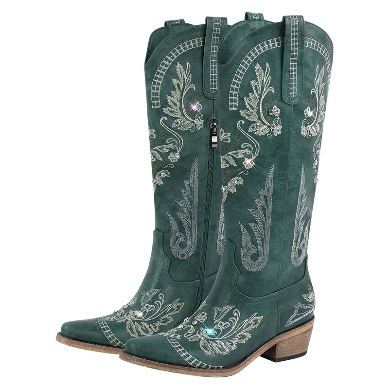 Bottes de cowboy blanches brodées Onlymaker pour femmes, à talon bloc, bout pointu, ornées de cristaux, style cowgirl.