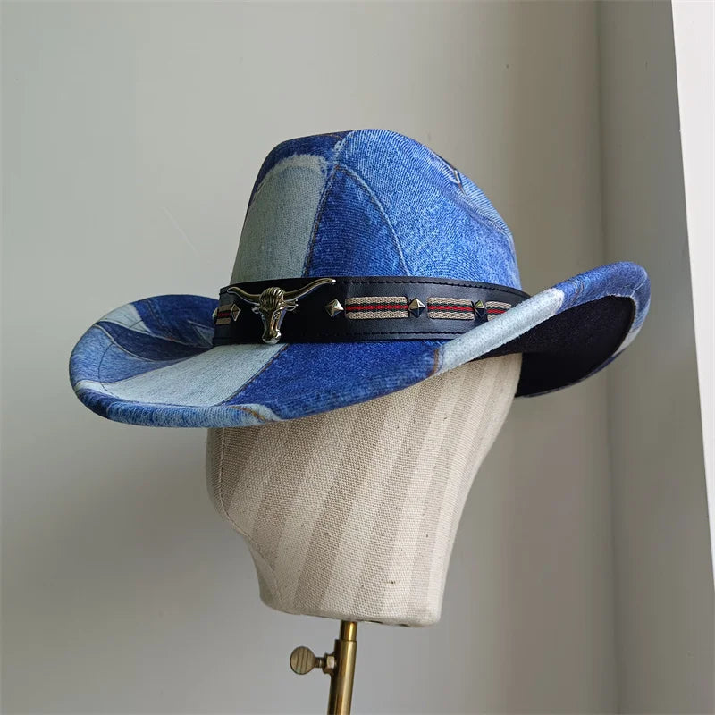Chapeau de cowboy de style ethnique, tendance, chic, unisexe, couleur unie, avec décoration en forme de taureau, style western