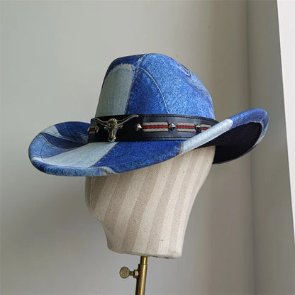 Chapeau de cowboy de style ethnique, tendance, chic, unisexe, couleur unie, avec décoration en forme de taureau, style western