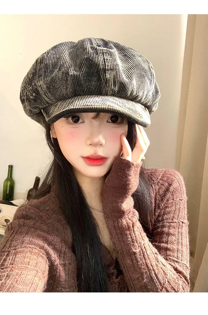 Bérets en velours côtelé rétro brodés avec lettres mignonnes pour femmes, petit chapeau de peintre littéraire polyvalent et décontracté pour printemps et automne