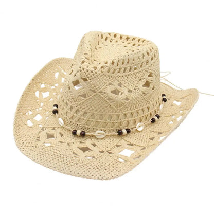 Chapeau de cowboy en paille pour hommes et femmes, chapeau de cow-girl occidental avec bord façonnable, chapeau de paille rétro tissé ajouré, chapeaux de soleil côtiers de plage