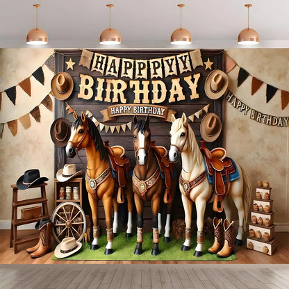 1 "Happy Birthday West" themed background banner - polyester, cowboy and horse print with rustic wood design