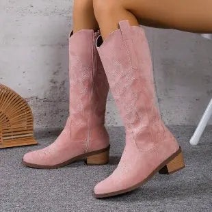 Winter New Coarse Heel Look Thin Tall Long Boots Not Over Knee Embroidered Retro Western Cowboy Boots 2025 New