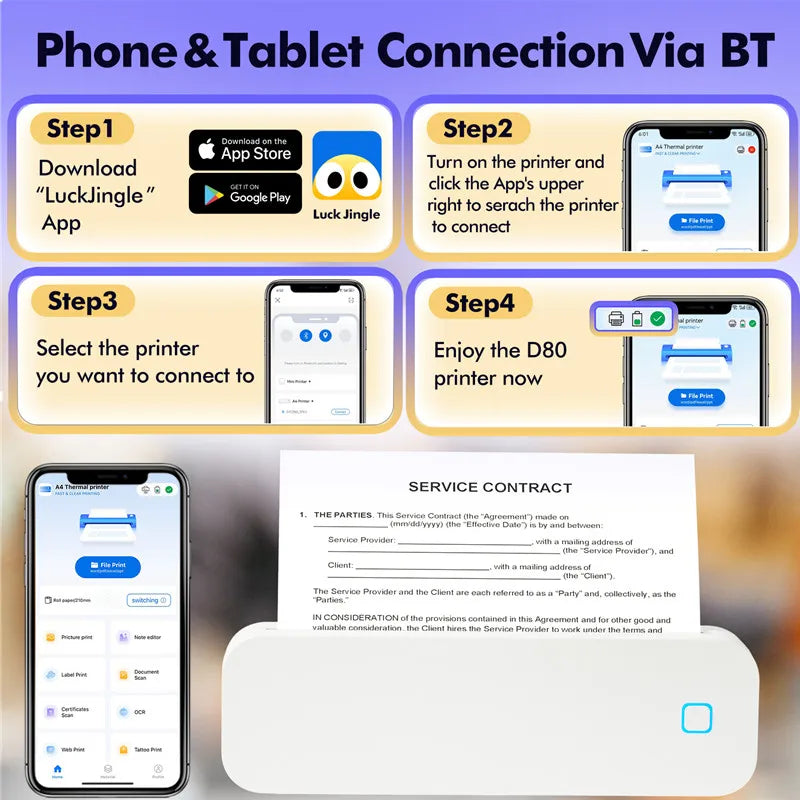 Portable A4 thermal printer Inkless Bluetooth Tattoo Stencil Printer Compatible with iOS Android&Laptop for Office Car Home