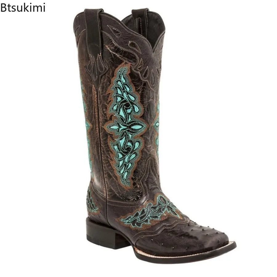 Autumn and Winter Women's Square Toe Thick Heel Colorful Patterned Knight Boots Embroidered Color-Blocked No Slip Women Boots