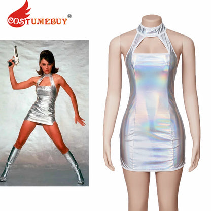 Austin Powers Elizabeth Hurley Cosplay Costume Sexy Femme Vanessa Kensington Argent Bretelles Dos Nu Slim Mini Robe pour Halloween