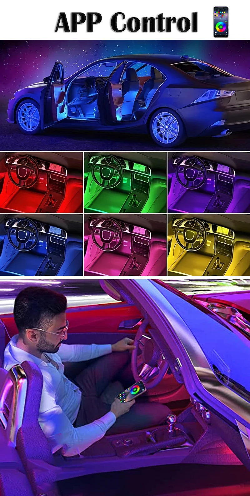 LED Car Music Light Strip 48LEDs USB Smart Bluetooth APP Control Waterproof Multi-color RGB Car Interior Atmosphere Light Strip