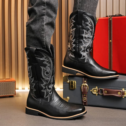 Men Boot 2024 Mid Calf Western Cowboy Motorcycle Boots Male Autumn Outdoor PU Leather Totem Med Heel Fashion Designed Men Boots