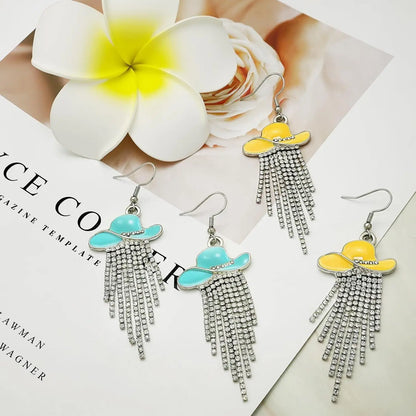 Western Cowgirl Dangle Earrings Enamel Hat Sparkly Rhinestone Tassel Pendant Prom Country Concerts Rodeo Cowboy Women Jewelry