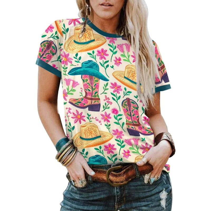 Bohemian Western Cowgirl Shirt: Vintage Western Rodeo Pattern T-Shirt Cowgirl 3D Digital Print Short Sleeve Top
