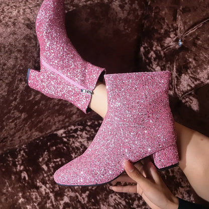 Boots Women Christmas Glitter Zipper Chunky Heel Ankle Boot Sequins Round Toe Chunky Heels Ankle Boots Party Shoes for Women