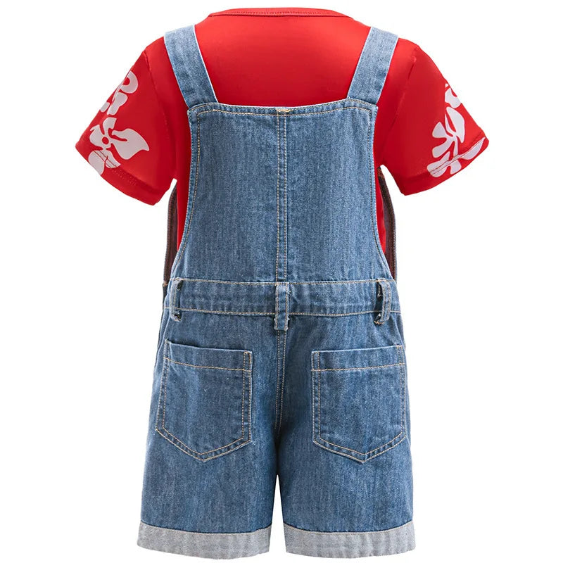 Costume Lilo pour enfant, Halloween, Cosplay, salopette en jean et chemise à imprimé feuilles rouges, ensemble de 2 pièces, costume de carnaval pour fille