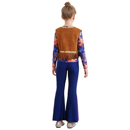 Girls Halloween Disco Hippie Western Cowgirl Carnival Cosplay Costume Printed Shirt Tops with Tassels Vest And Flared Pants Set