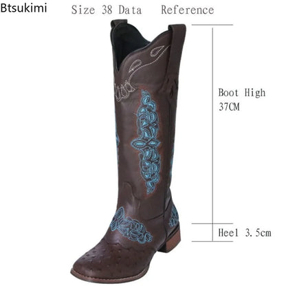 Autumn and Winter Women's Square Toe Thick Heel Colorful Patterned Knight Boots Embroidered Color-Blocked No Slip Women Boots