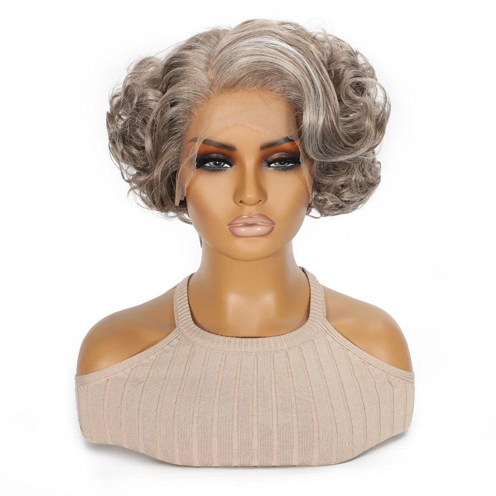 10 Inch Short Curly Wavy Blonde Black Grey Synthetic Wig for Women Natural Look T-Part Lace Front Hair Replacement