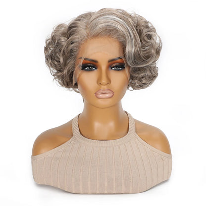 10 Inch Short Curly Wavy Blonde Black Grey Synthetic Wig for Women Natural Look T-Part Lace Front Hair Replacement