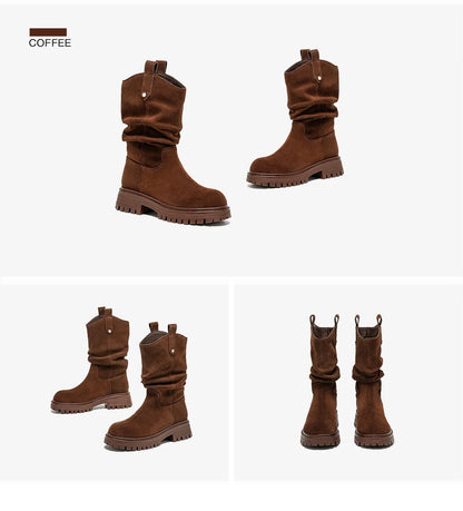 BEAUTODAY Ruched Western Boots Women Cow Suede Leather Rivet Decoration Round Toe Solid Color Autumn Winter Shoes Handmade 06304