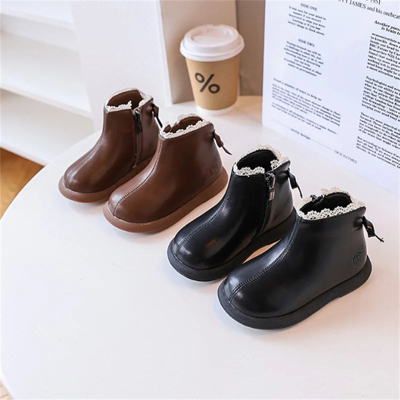 2024 New Autumn Children Boots Leather Girls Ankle Boots  Lace Butterfly-knot  Rubber Sole Fashion Toddler Kids Boots EU 21-30