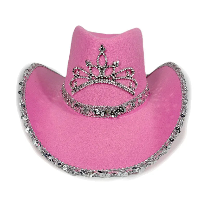 Pink Cowboy Hat For Women Girls Wide Brim Western Hat Glitter Crown Sequin Cap Performance Costume Cowgirl Hat For Wedding Party