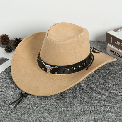 Chapeau de Cowboy occidental de Style ethnique Vintage, tête de vache à bord en rouleau, chapeau de Jazz en Polyester à large bord, chapeau de chevalier Cosplay