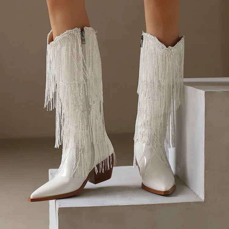 Bottes western à sequins et pompons, noires et argentées, courtes, en peluche, automne/hiver, talon de 6,5 cm, style bohème, hauteur genou, pointures 36 a 46.