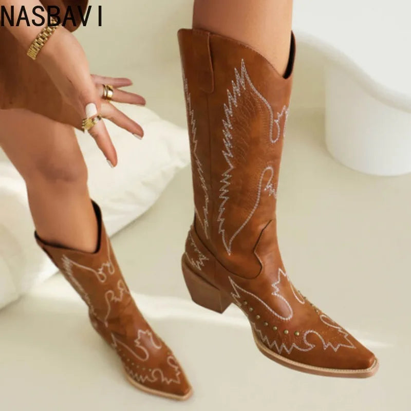 NASBAVI Red Western Cowboy Boots for Women Embroidered Pointed Toe Shoes Knee High Wide Calf Cowgirl Boots